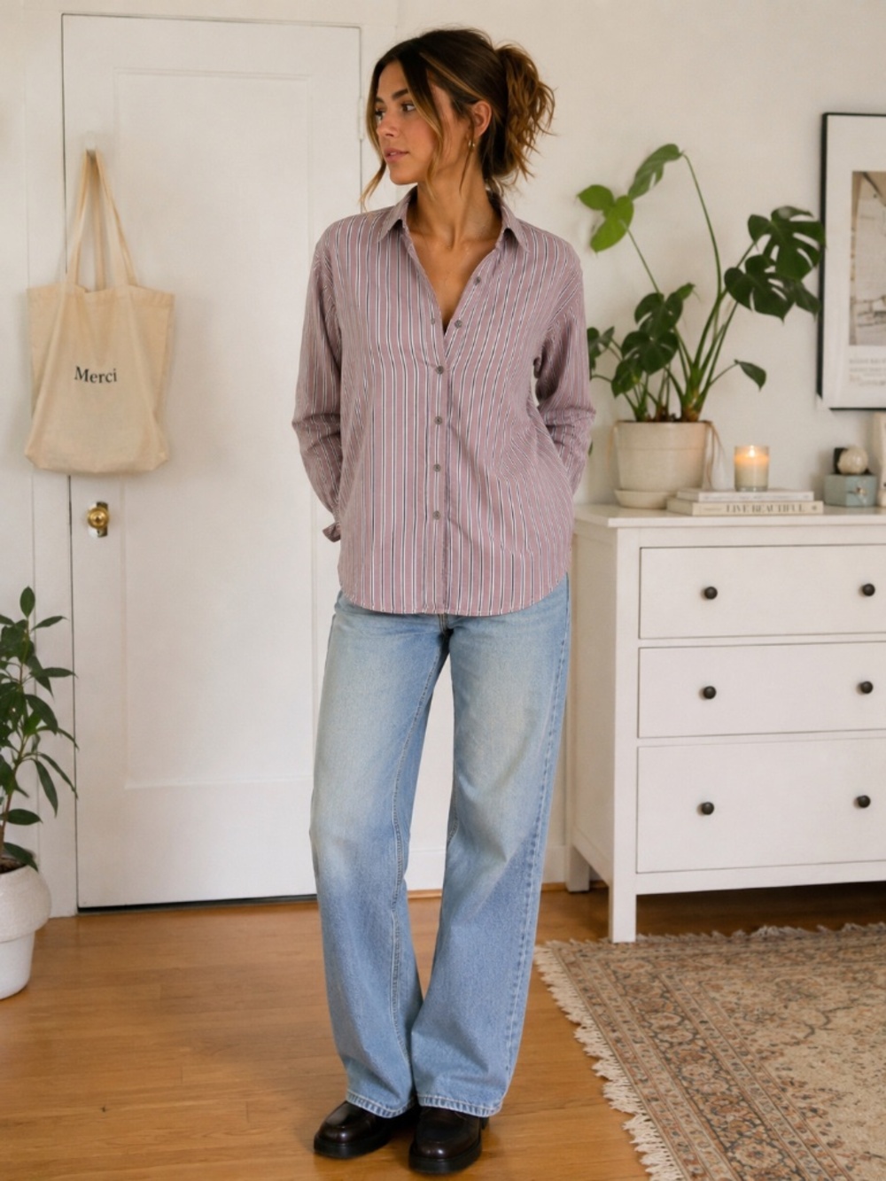 CLOSED Oversized Cotton Stripe Button Down Shirt Mauve XS - Picture 2 of 6